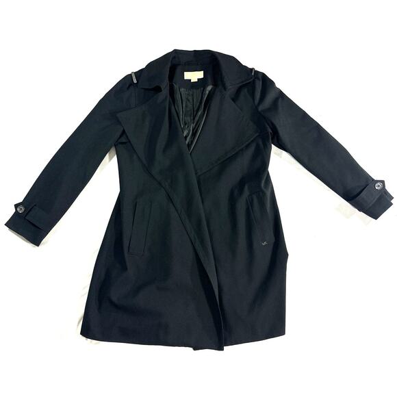 Michael Michael Kors Women’s Black Trench Coat Size L Long Jacket MK Logo - Picture 1 of 10